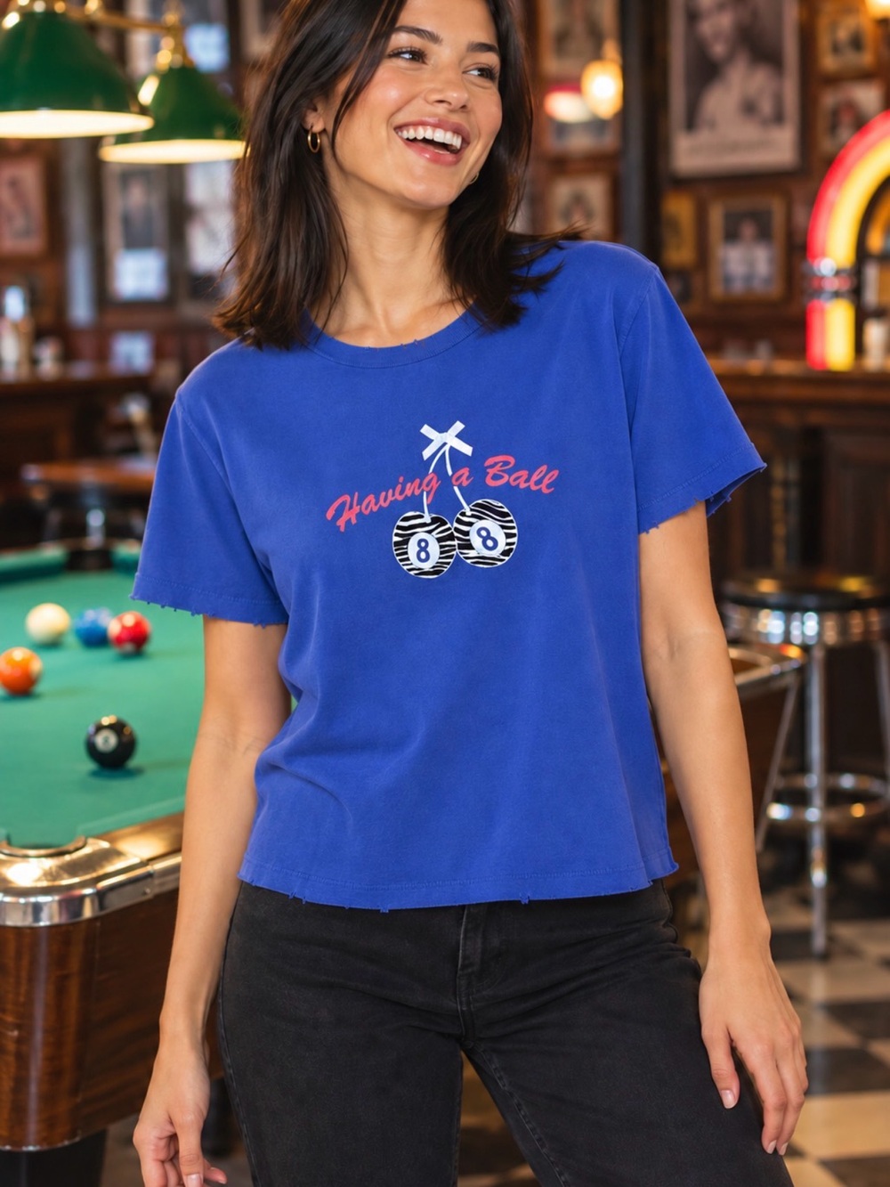 Daydreamer Having a Ball Blue Distressed 8 Ball Bow Graphic Tee XL Runs Smaller